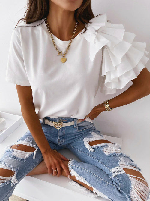 O Neck Solid Blouse Shirt Layered Ruffle Tops