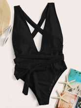 Load image into Gallery viewer, Halter Neck Deep V Tied One-Piece Swimsuit
